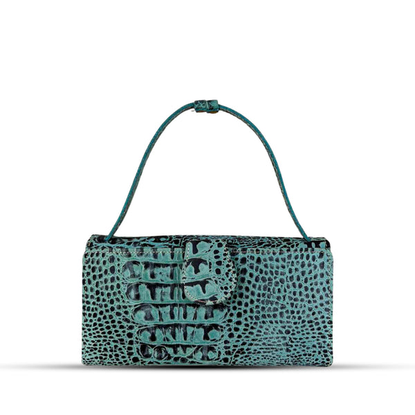 Leather Clutch With Moving Handle Crocodile Blue