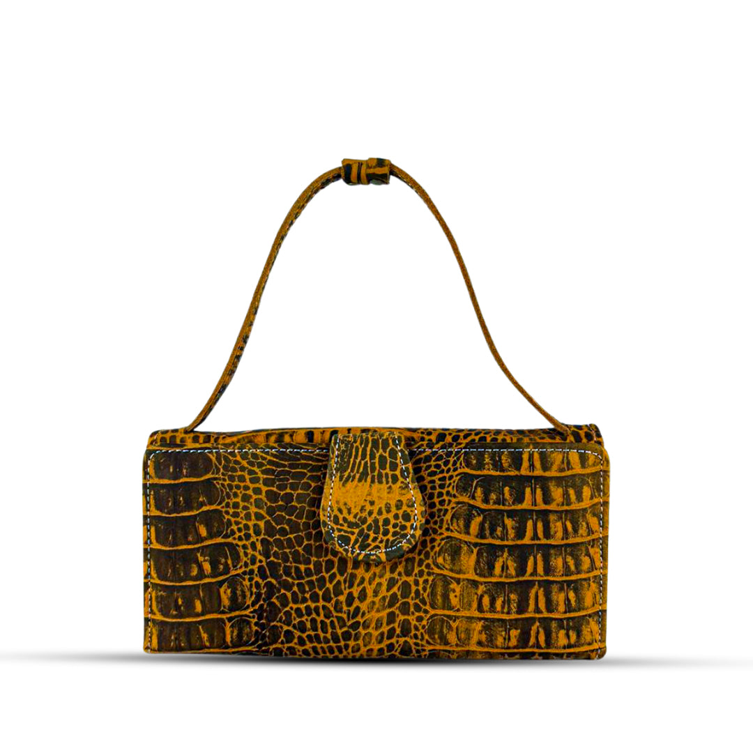 Leather Clutch With Moving Handle Crocodile Mustard