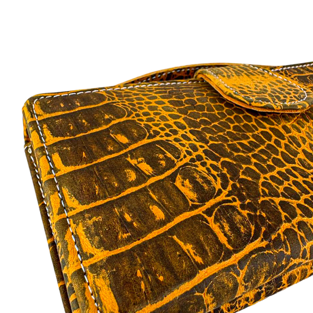 Leather Clutch With Moving Handle Crocodile Mustard