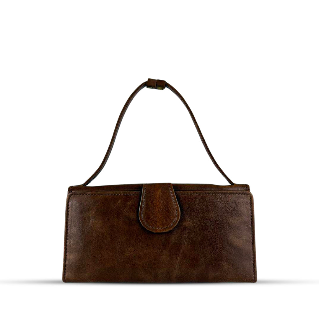 Leather Clutch With Moving Handle Brown
