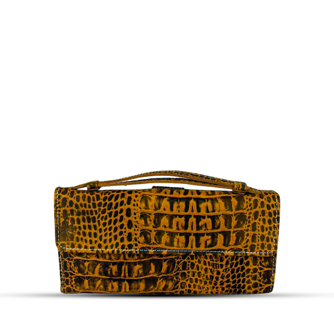 Leather Clutch With Moving Handle Crocodile Mustard