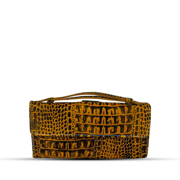 Leather Clutch With Moving Handle Crocodile Mustard