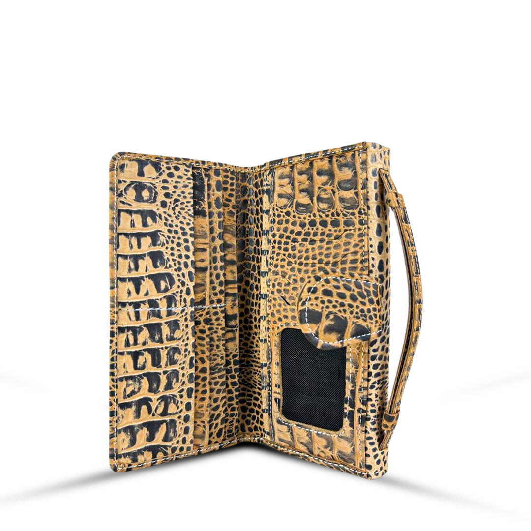 Leather Clutch With Moving Handle Crocodile Beige