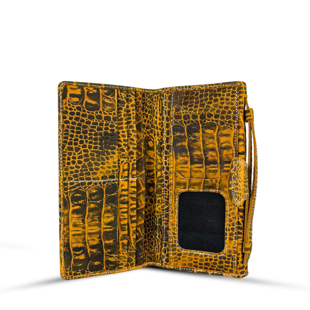 Leather Clutch With Moving Handle Crocodile Mustard
