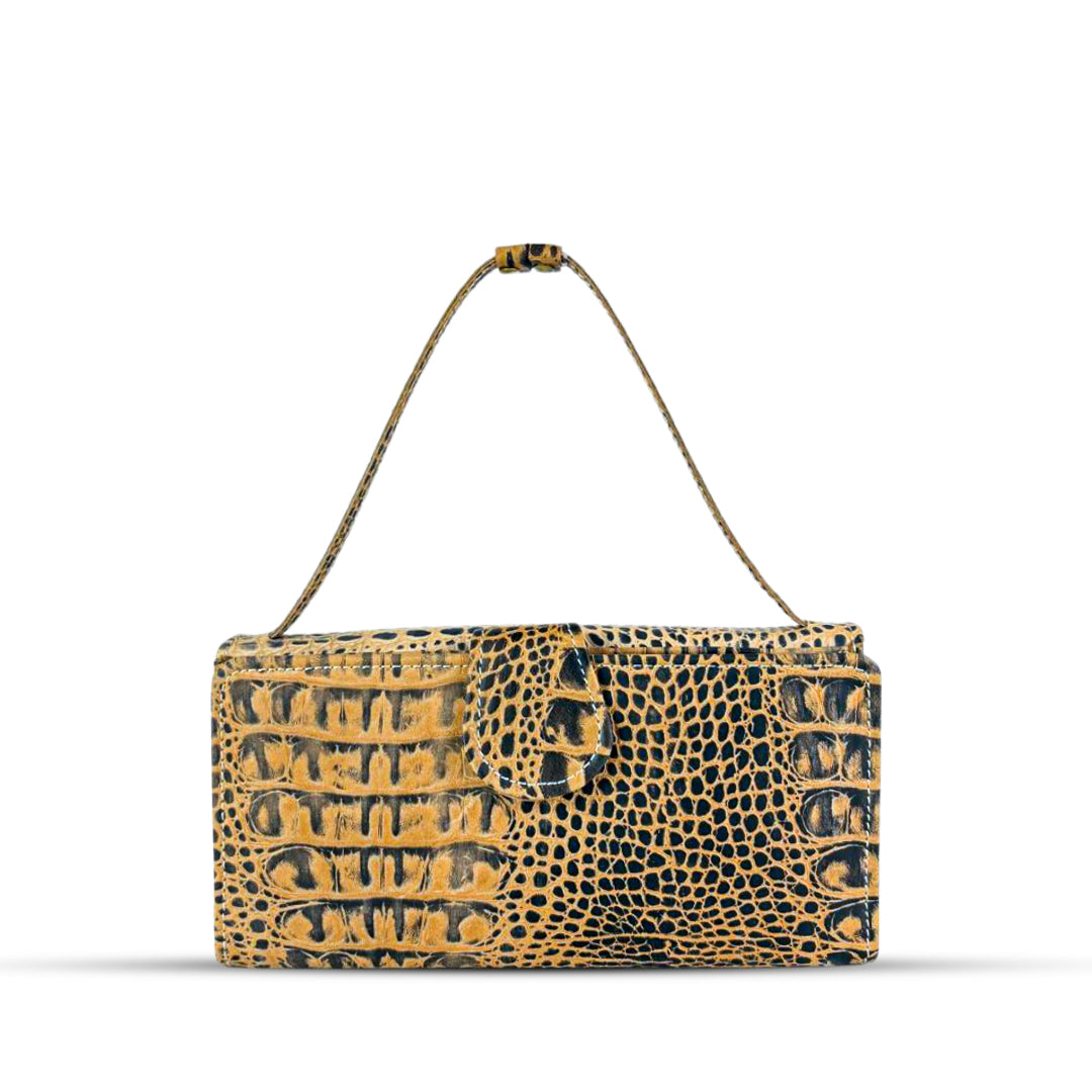 Leather Clutch With Moving Handle Crocodile Beige