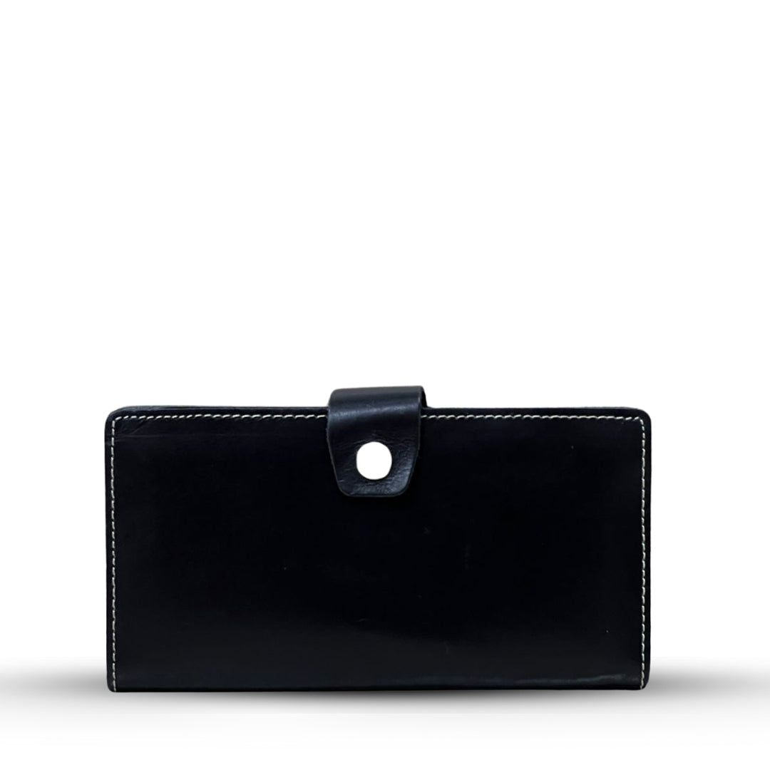 Long  Leather Wallet With Button Black