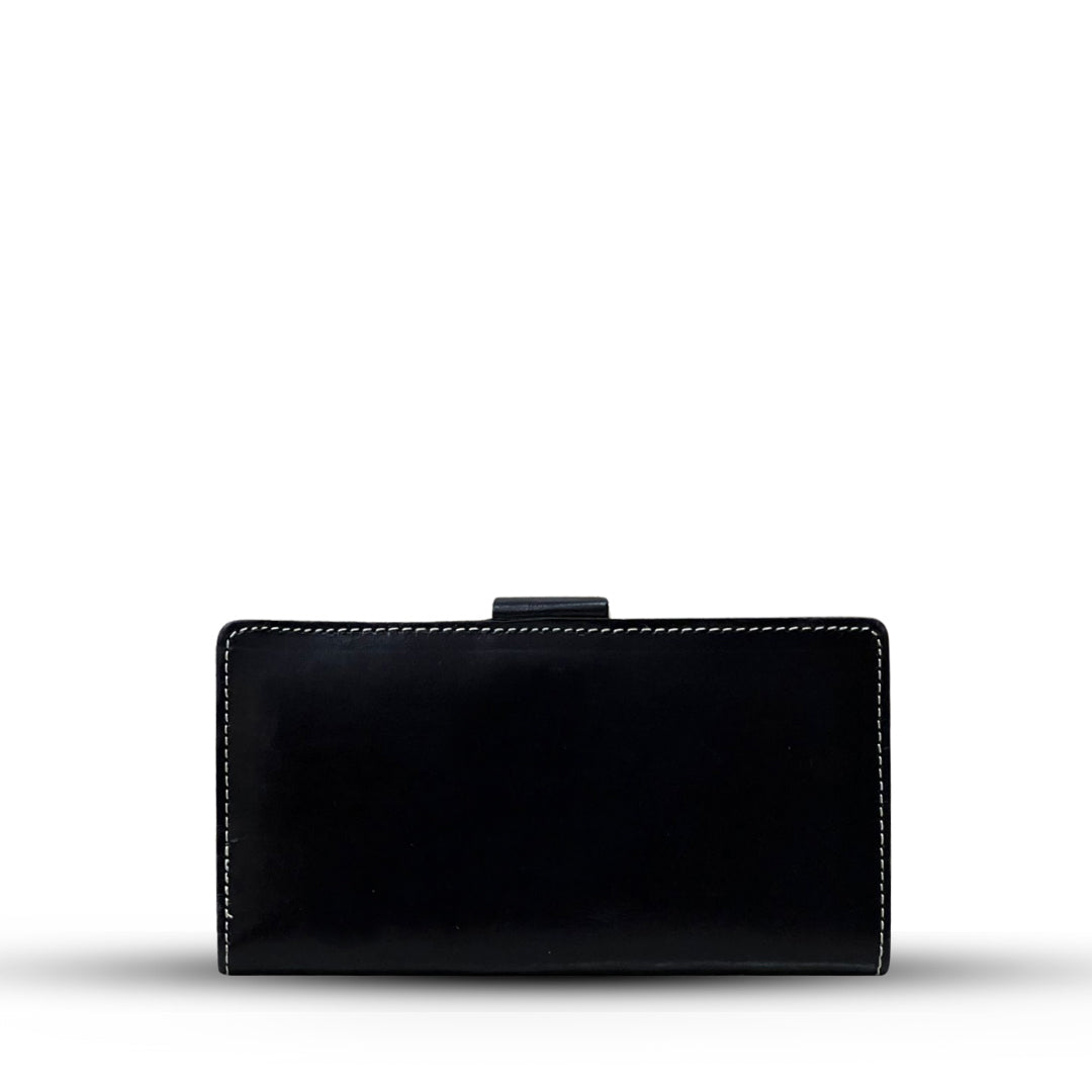 Long  Leather Wallet With Button Black