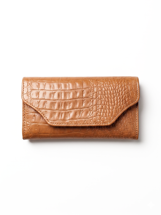 Leather Long Crocodile Wallet 3 Folds Peach