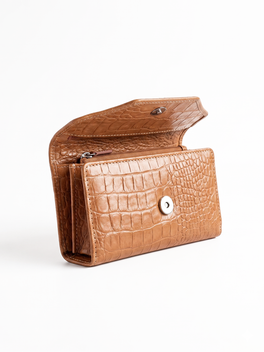 Leather Long Crocodile Wallet 3 Folds Peach