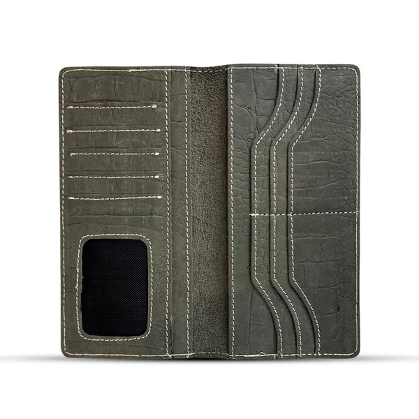 Leather Long Wallet With Contrast Stitch Grey