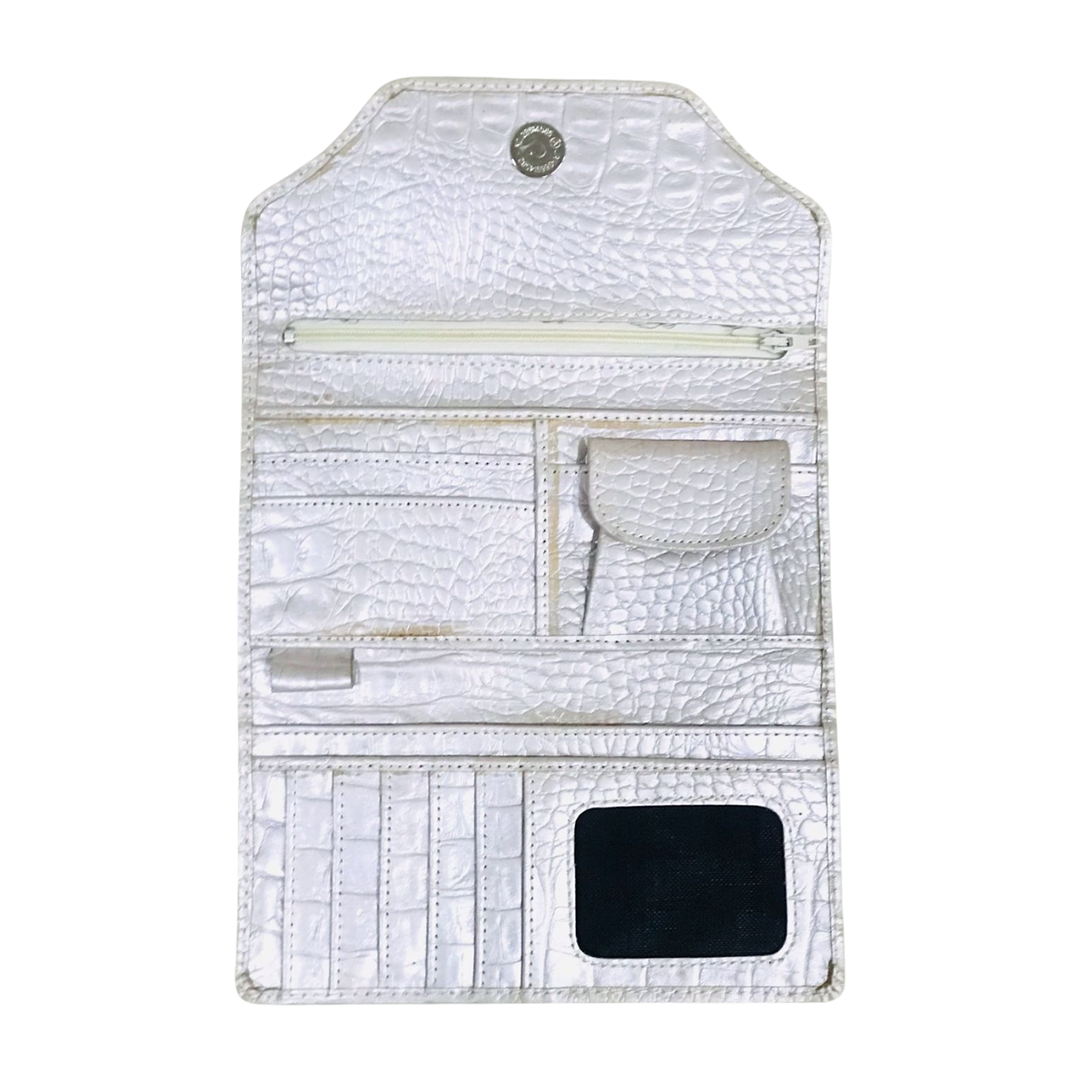 Leather long crocodile wallet 3 folds Silver