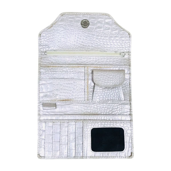 Leather long crocodile wallet 3 folds Silver