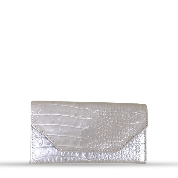 Leather long crocodile wallet 3 folds Silver