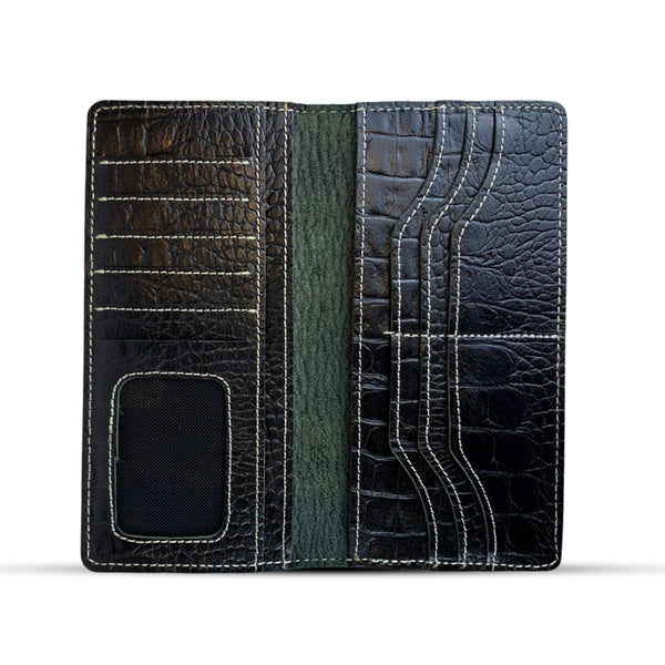 Leather Long Wallet With Contrast Stitch Crocodile Black