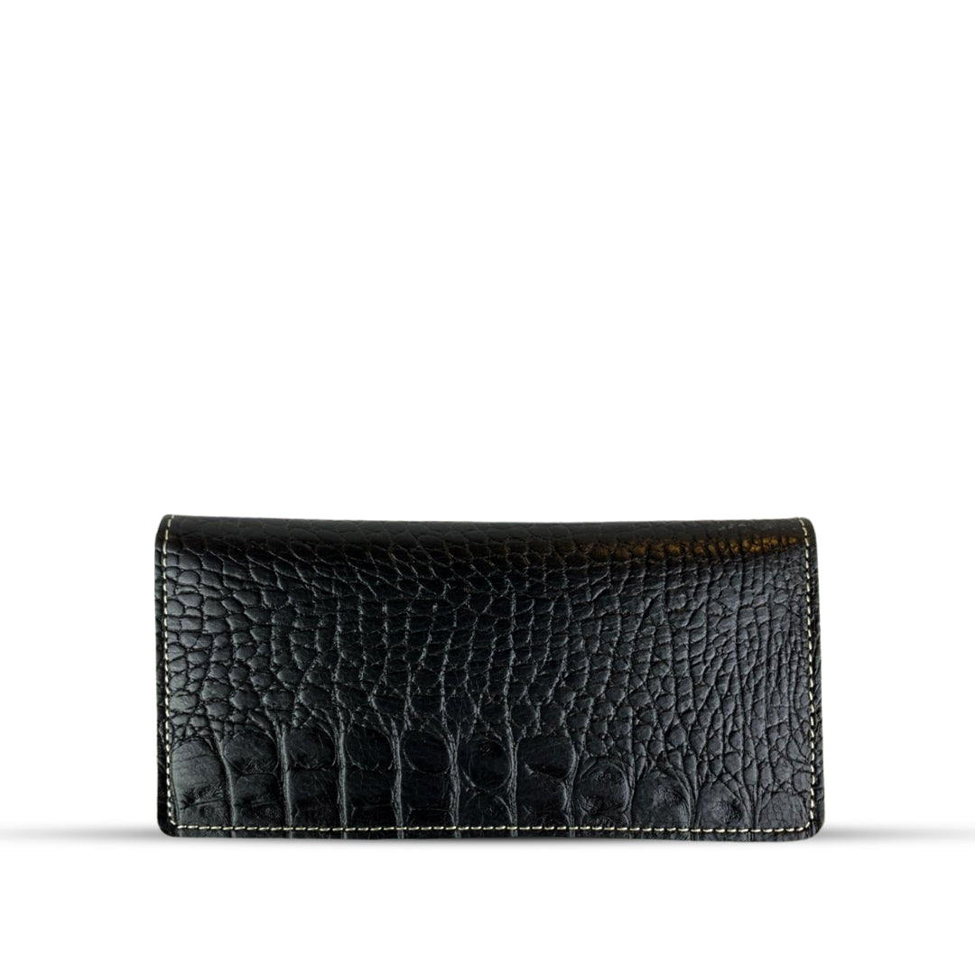 Leather Long Wallet With Contrast Stitch Crocodile Black