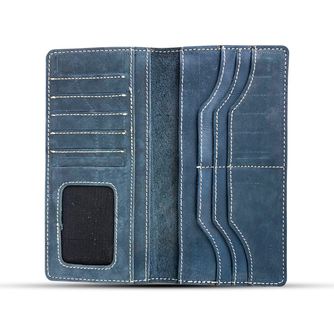 Leather Long Wallet With Contrast Stitch Blue