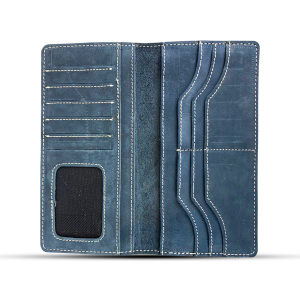 Leather Long Wallet With Contrast Stitch Blue