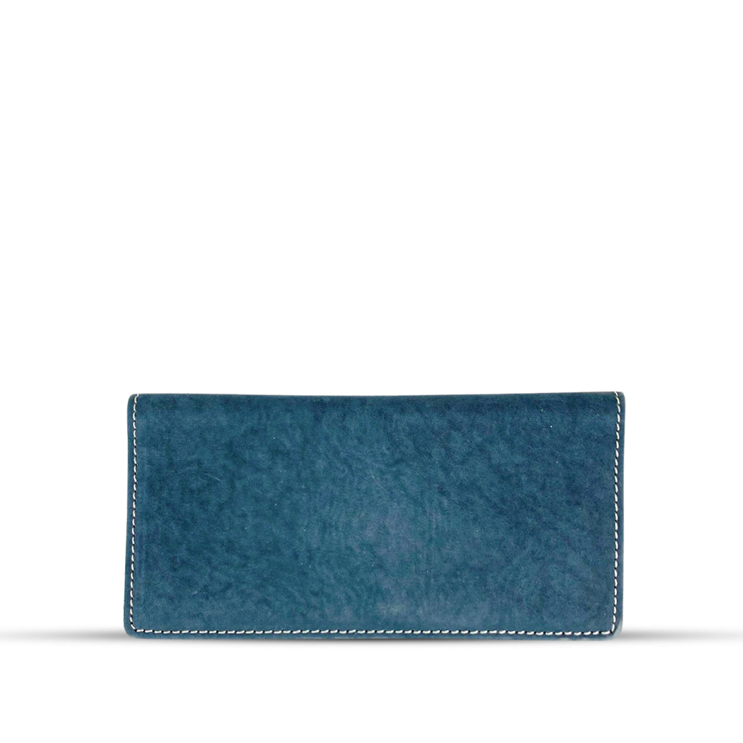 Leather Long Wallet With Contrast Stitch Blue