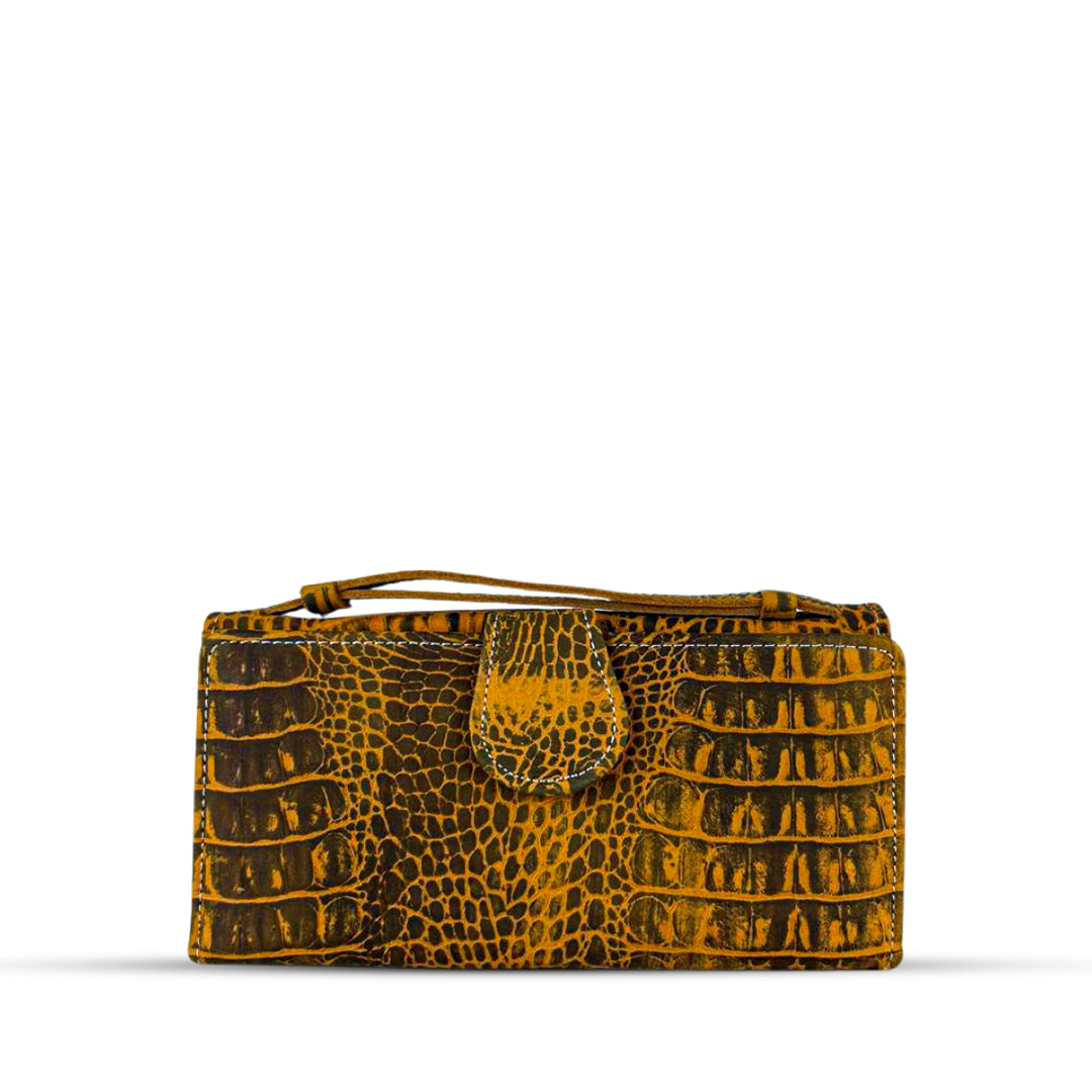 Leather Clutch With Moving Handle Crocodile Mustard