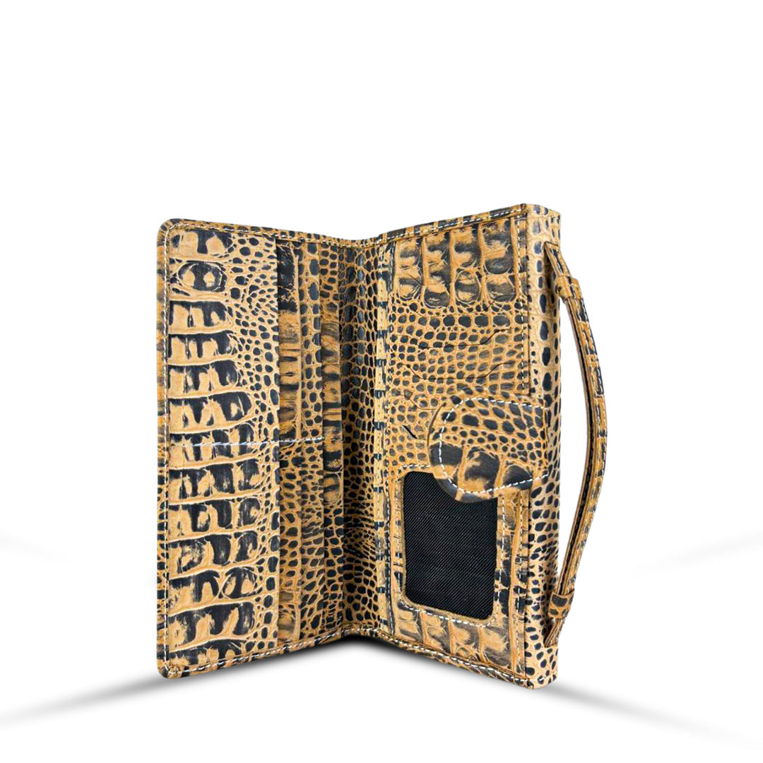 Leather Clutch With Moving Handle Crocodile Beige