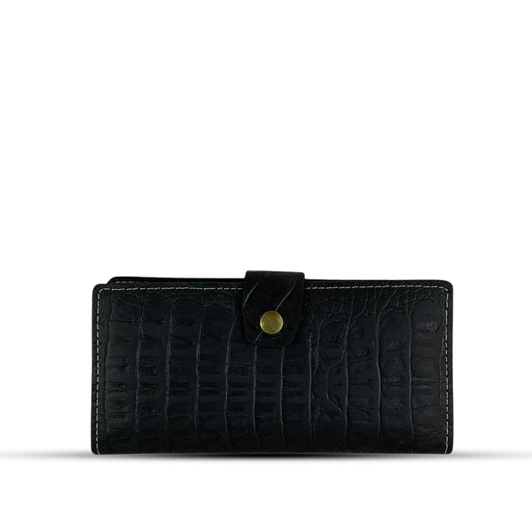 Long  Leather Wallet With Crocodile Black