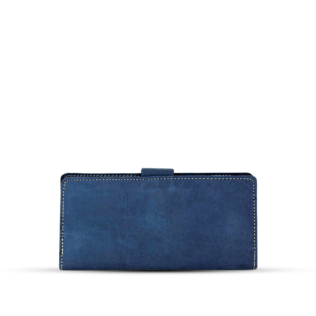 Long  Leather Wallet With Button Blue