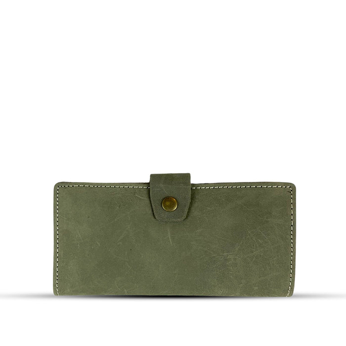Long  Leather Wallet With Button Army Green