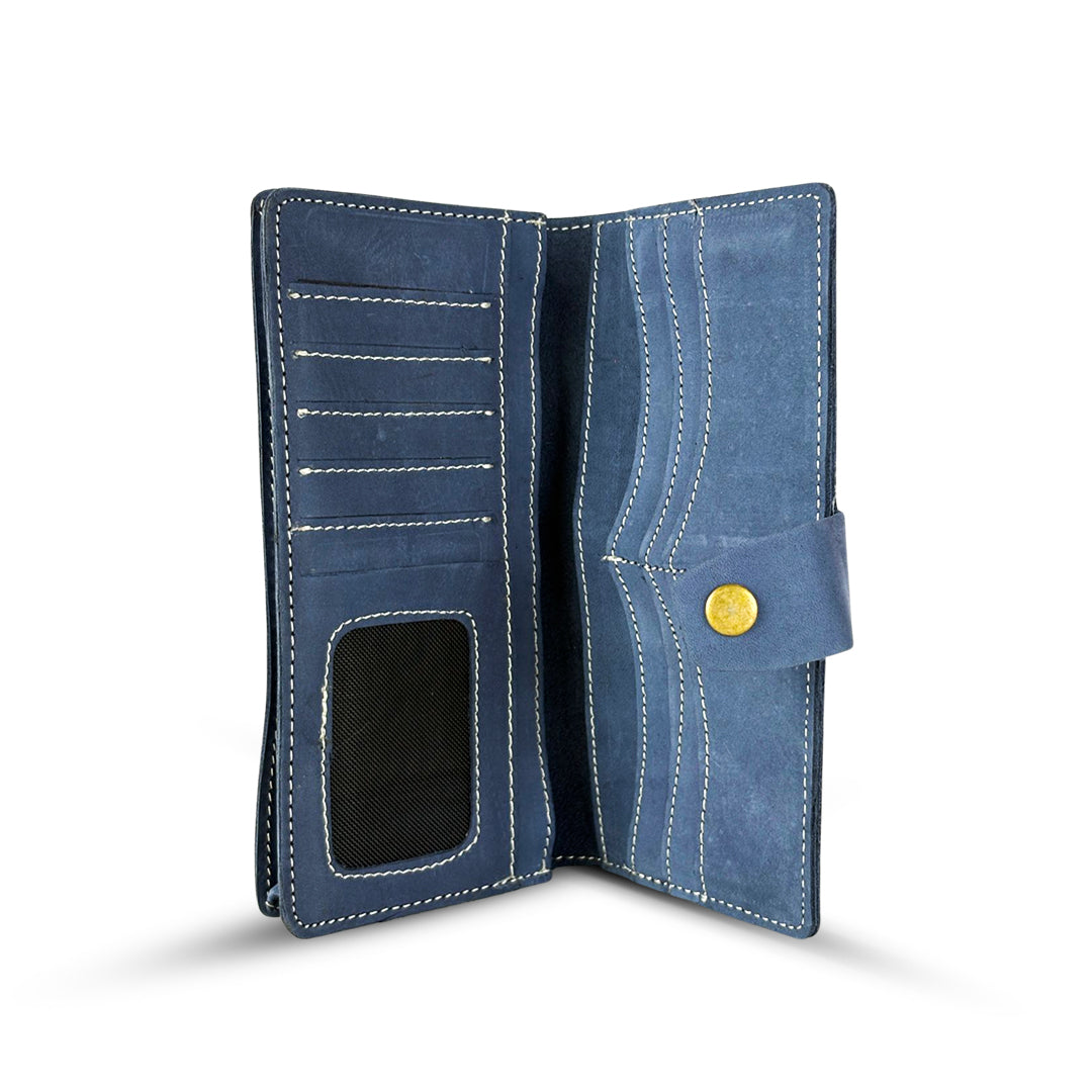 Long  Leather Wallet With Button Blue