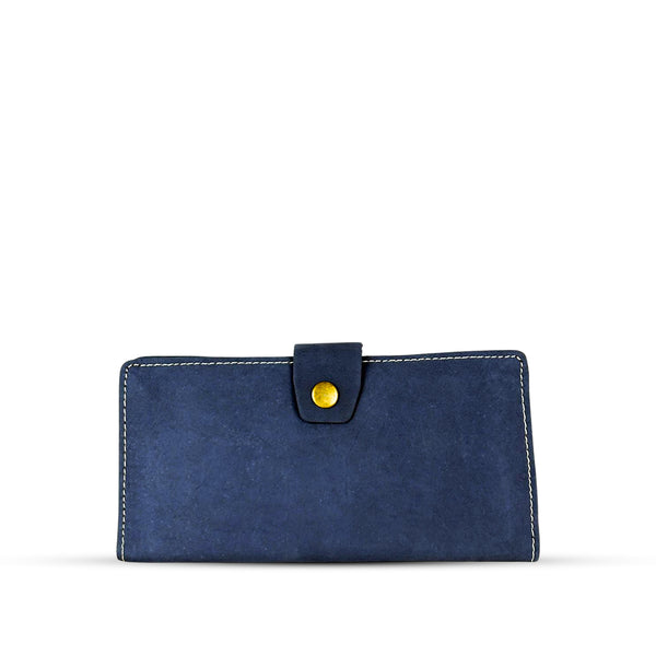 Long  Leather Wallet With Button Blue