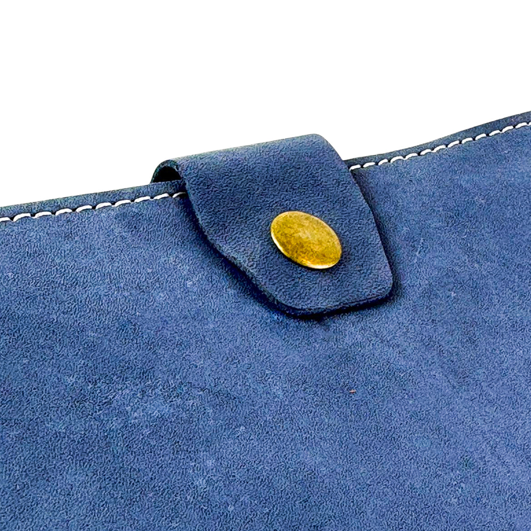 Long  Leather Wallet With Button Blue