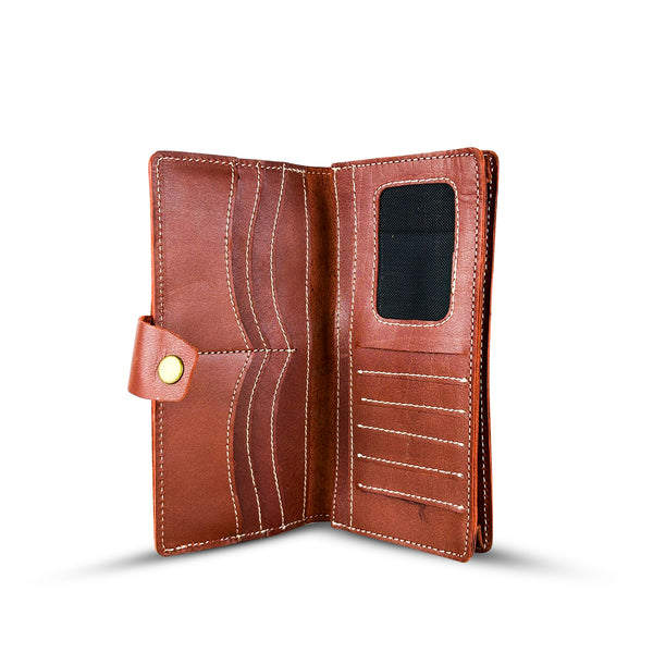 Long  Leather Wallet With Button Rust