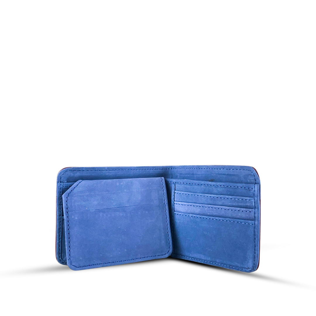 Leather Bi-fold Wallet With Piping Blue