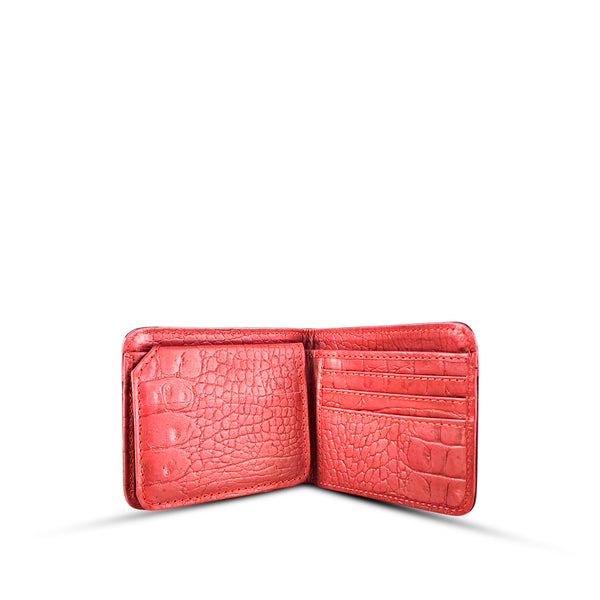 Leather Crocodile Bi-fold Wallet With Piping Red