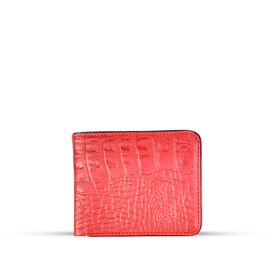 Leather Crocodile Bi-fold Wallet With Piping Red