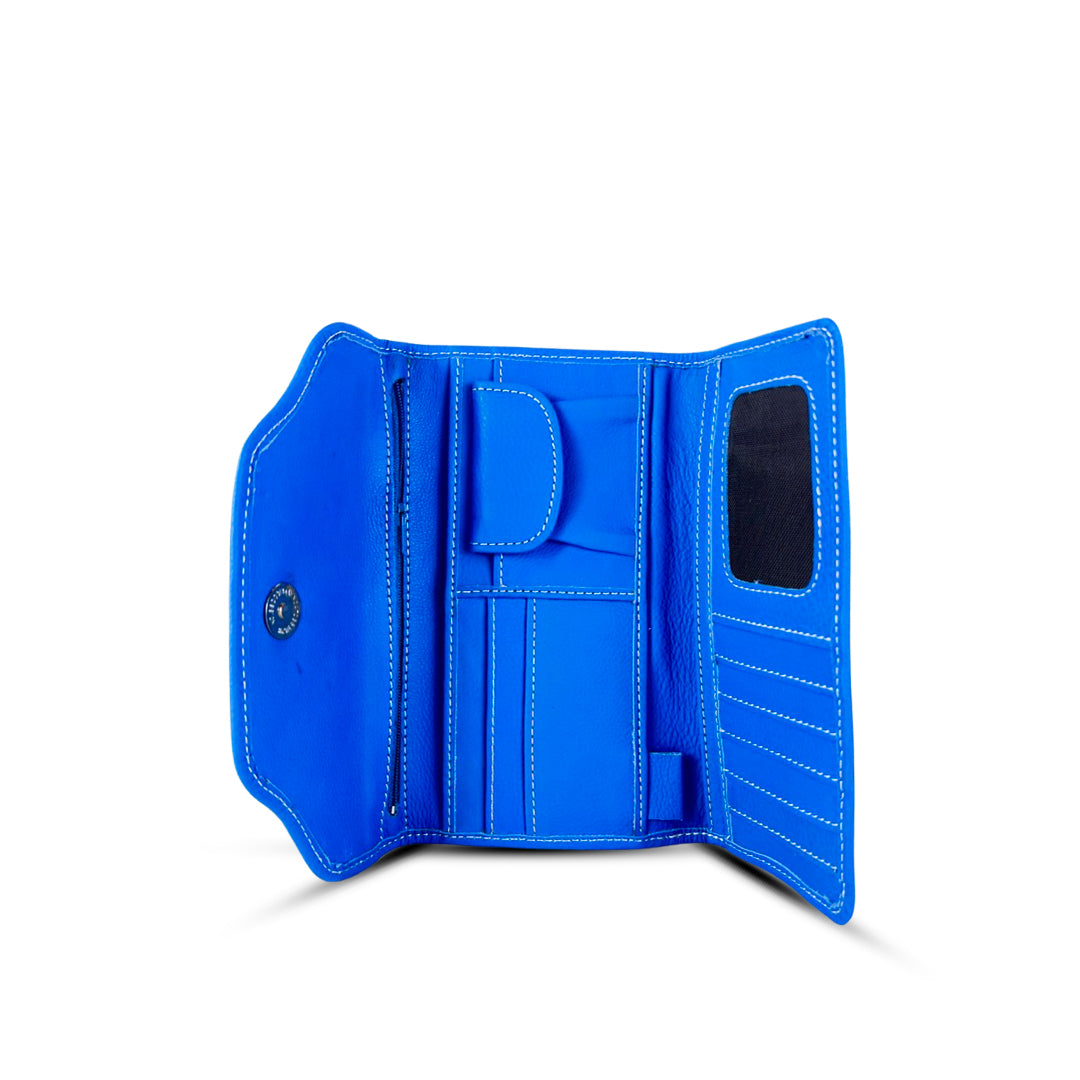 Leather long wallet 3 folds Blue
