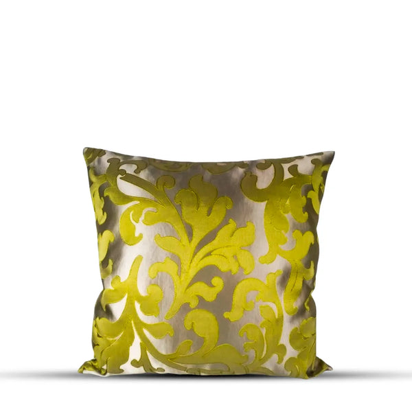 Chartreuse and Silver Damask Decorative Cushion