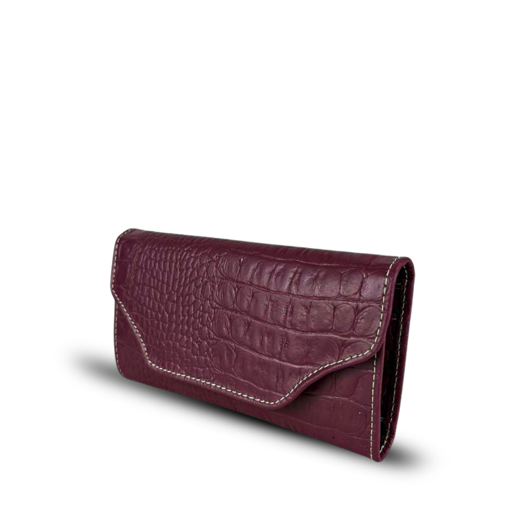 Leather long crocodile wallet 3 folds maroon