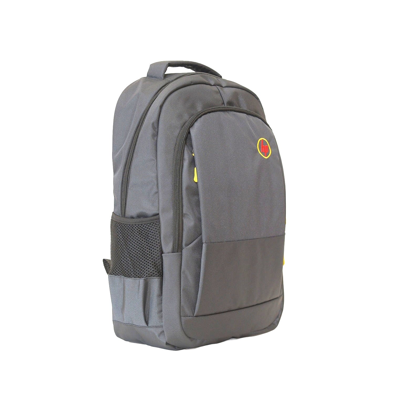 A gray laptop bag with a front pocket and adjustable shoulder straps, featuring a brand logo on the front.