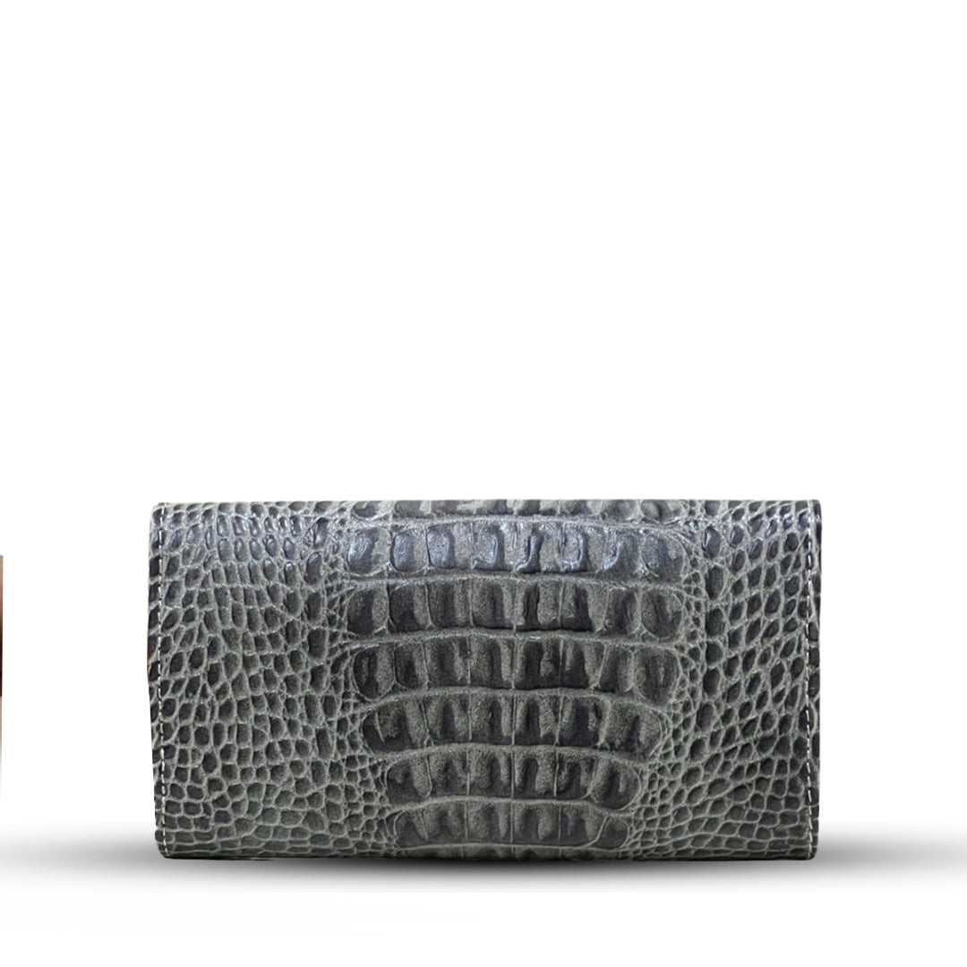 Leather long crocodile wallet 3 folds Grey