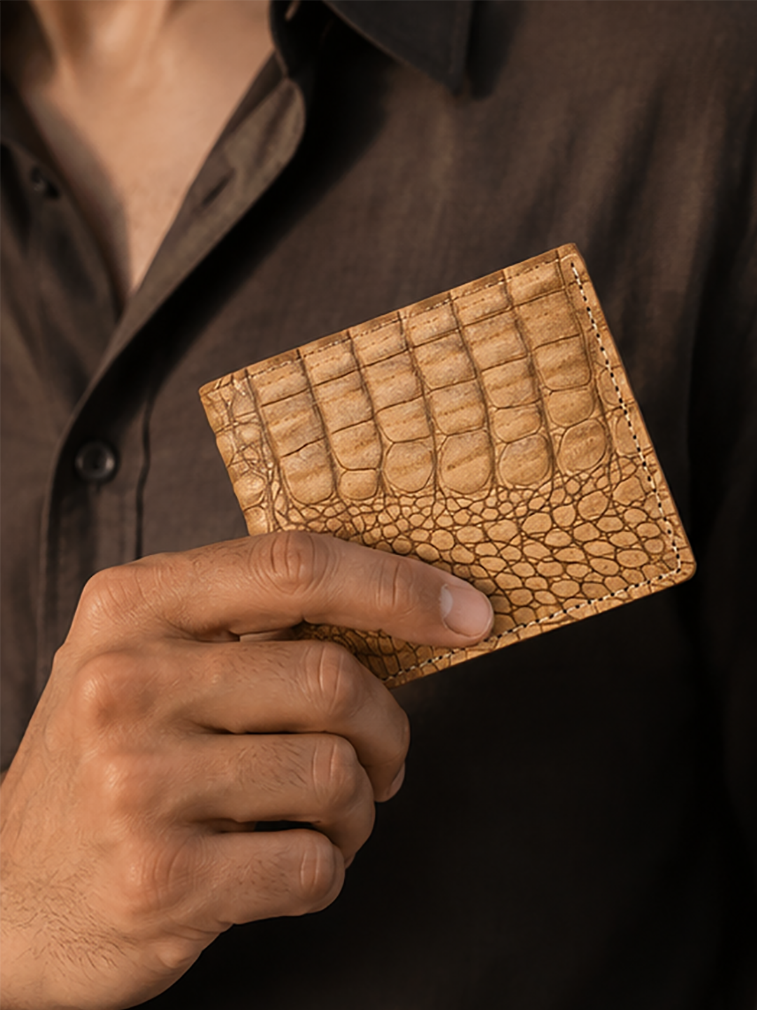 Crazy Horse Leather Wallet Crocodile Beige