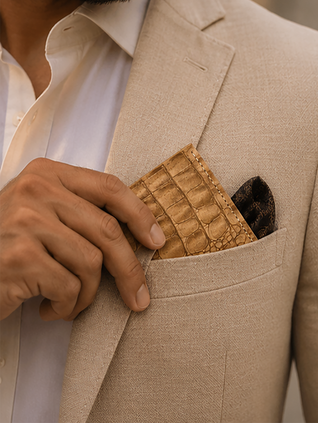 Crazy Horse Leather Wallet Crocodile Beige