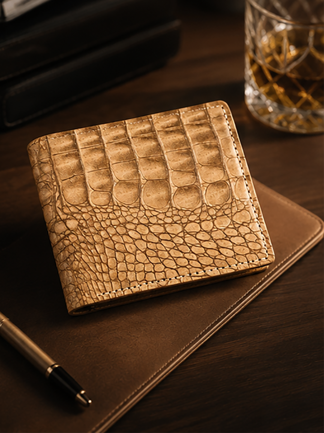 Crazy Horse Leather Wallet Crocodile Beige